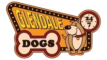 A retro-style sign reads “GLENDALE DOGS” with a dog illustration, a bone, and a clock showing “24/7,” indicating round-the-clock dog services.