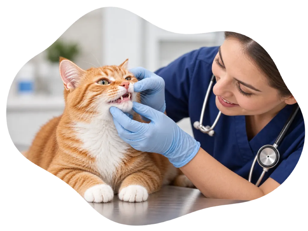 A veterinarian wearing blue gloves examines the teeth of an orange tabby cat on an exam table.