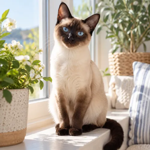 A Siamese cat with blue eyes sits on a windowsill surrounded by green potted plants. Sunlight streams through the window, creating a cozy, bright indoor scene.