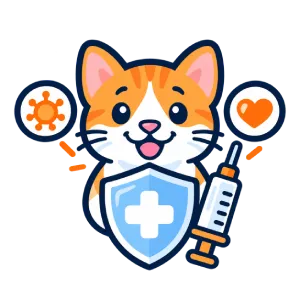 Cartoon orange cat holding a shield with a medical cross, next to a syringe. Icons of a virus and a heart float nearby, suggesting vaccination and health.