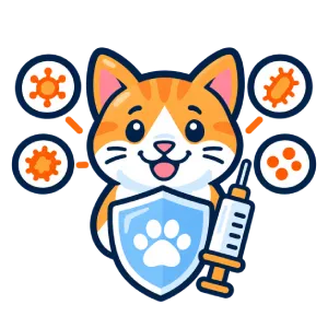 Cartoon orange cat holding a paw-print shield and a syringe, surrounded by virus icons, symbolizing pet vaccination and protection from diseases.