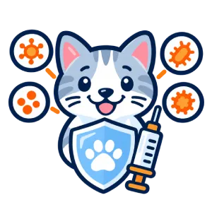 Cartoon cat holding a shield with a paw print and a syringe, surrounded by virus icons, symbolizing pet vaccination and protection from diseases.