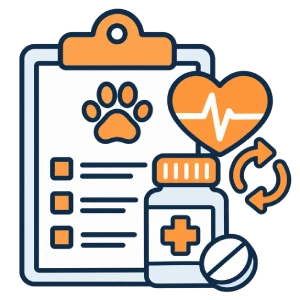 Illustration of a veterinary clipboard with a paw print, a medicine bottle with a cross, a pill, a heart with a heartbeat line, and an orange circular arrow symbol.