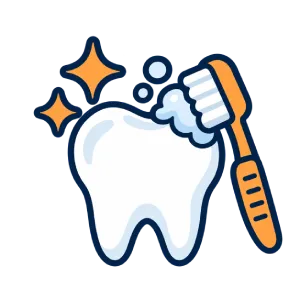 A cartoon toothbrush scrubbing a shiny white tooth with bubbles and sparkles, symbolizing dental hygiene and cleanliness.
