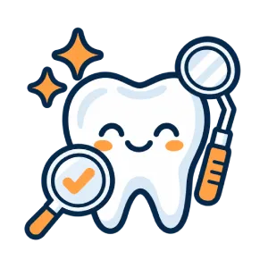 A smiling cartoon tooth with rosy cheeks, held by dental tools—a mirror and a magnifier with a check mark. Three sparkle stars are beside the tooth, indicating cleanliness and good dental health.
