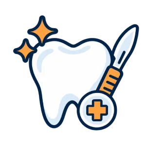 A sparkling white tooth with a scalpel and an orange medical cross, representing dental surgery or oral healthcare.