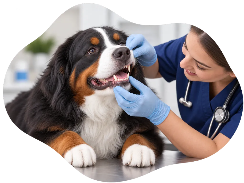 A veterinarian wearing blue gloves examines the teeth of a large, fluffy black, brown, and white dog on an exam table.