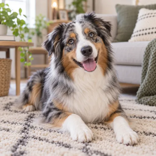 An Australian Shepherd with a blue merle coat lies on a patterned rug in a cozy living room, looking at the camera with its tongue out and ears perked.