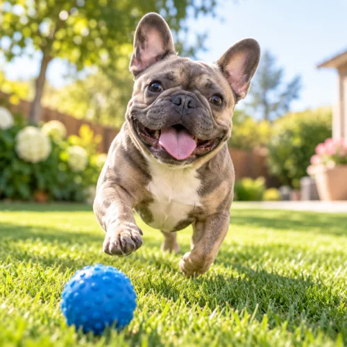 A happy French bulldog runs on green grass towards a blue textured ball, with its tongue out and ears up, in a sunny backyard with trees and flowers in the background.