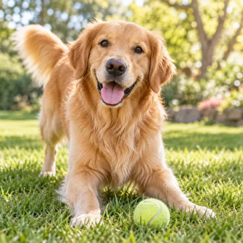 A golden retriever stands on grass with a tennis ball in front, looking happy with its tongue out in a sunny outdoor setting.