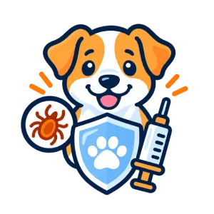 Cartoon dog holding a shield with a paw print, a syringe, and a circle showing a tick, representing pet vaccination and tick prevention.