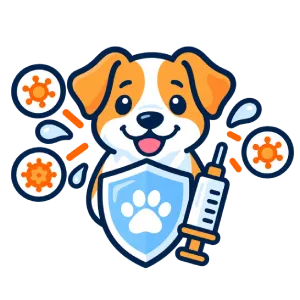 Cartoon dog holding a shield with a paw print, surrounded by virus icons, a syringe, and droplets, symbolizing vaccination and protection.