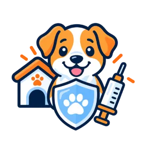 Cartoon puppy with a doghouse, shield featuring a paw print, and a syringe, representing pet care or vaccination.