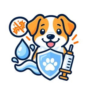 Illustration of a happy dog with a shield, paw print, syringe, water droplet, and no germs sign, symbolizing pet health, vaccination, and protection.
