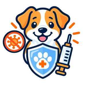 Cartoon puppy holding a shield with a paw print, a syringe, and a virus symbol with a line through it, representing pet vaccination and protection from diseases.
