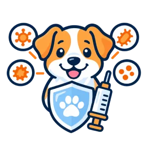 Cartoon dog holds a shield with a paw print and a syringe, surrounded by virus icons, representing pet vaccination and protection against diseases.