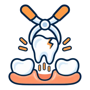 Cartoon illustration of tooth extraction. Forceps hold a cracked tooth above a gum with two remaining teeth on each side.