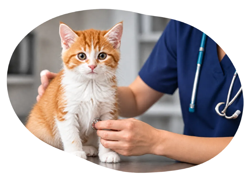A veterinarian in blue scrubs uses a stethoscope to check a ginger and white kitten sitting on an exam table.