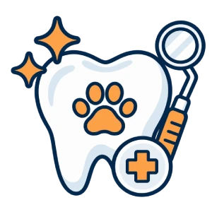 A large tooth with an orange paw print, a dental mirror, a medical cross, and sparkles, representing pet dental or veterinary care.