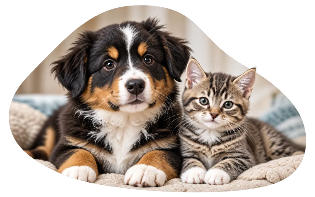 A fluffy black, brown, and white puppy lies next to a gray tabby kitten. Both are looking directly at the camera while resting on a soft blanket.