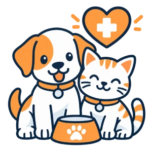 Cartoon dog and cat sitting together, both smiling, with a food bowl in front of them and a heart with a medical cross above, symbolizing pet health or veterinary care.