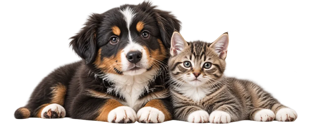 A fluffy black, brown, and white puppy lies next to a gray tabby kitten. Both are looking at the camera against a white background.