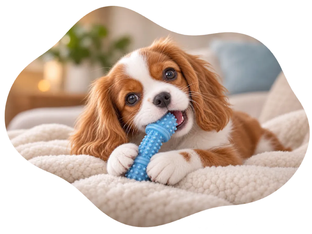 A brown and white puppy lies on a cozy blanket, chewing on a blue textured bone toy. The background is softly blurred, suggesting a warm, comfortable indoor setting.