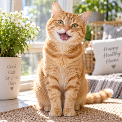 A happy orange tabby cat sits on a rug in a sunlit room, mouth open as if meowing. Flowers and pillows with positive messages decorate the cozy, bright space.