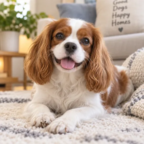 A happy Cavalier King Charles Spaniel with long, wavy ears lies on a cozy, patterned rug in a bright living room, looking at the camera with its tongue out.