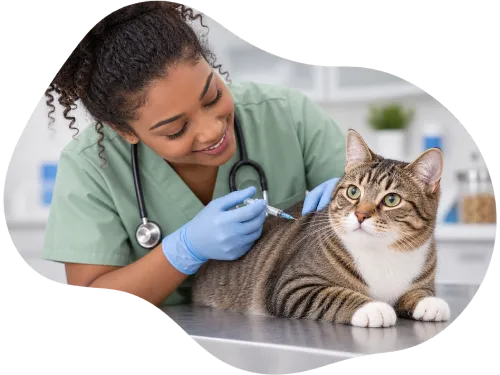 A veterinarian in green scrubs smiles while giving an injection to a calm tabby cat lying on a stainless steel table.