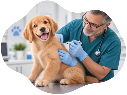 A veterinarian in blue scrubs gives a happy, golden puppy a vaccination shot in a clinic exam room.